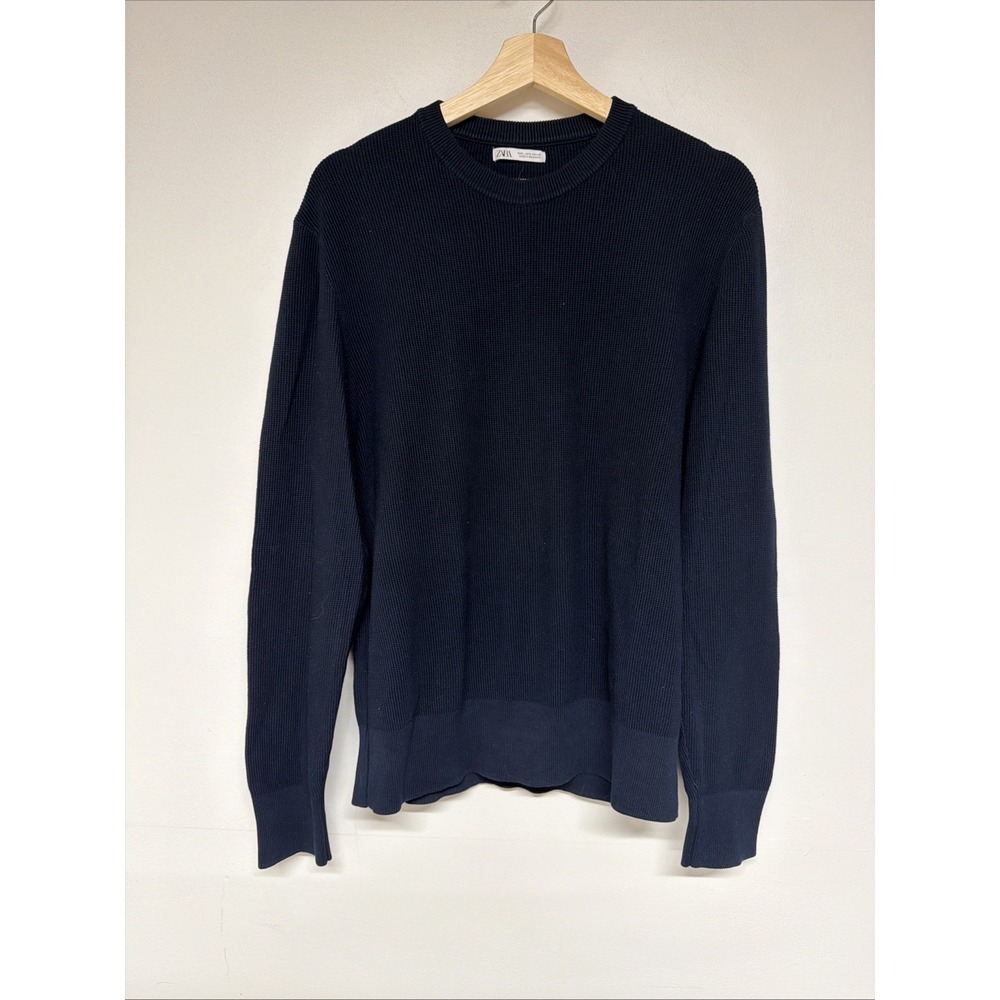 Zara Mens Sweater Size L Blue Long Sleeve Thermal Waffle Knit Crew Neck Pullover